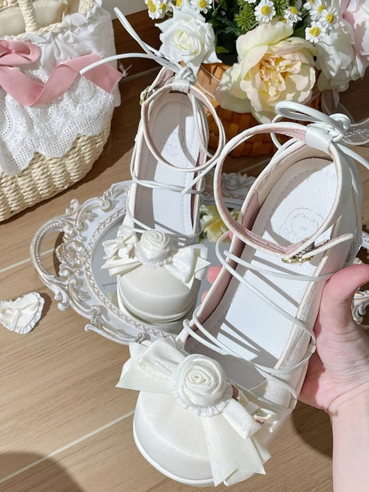 Leather Block Heels High - Bow Floral Platform PU