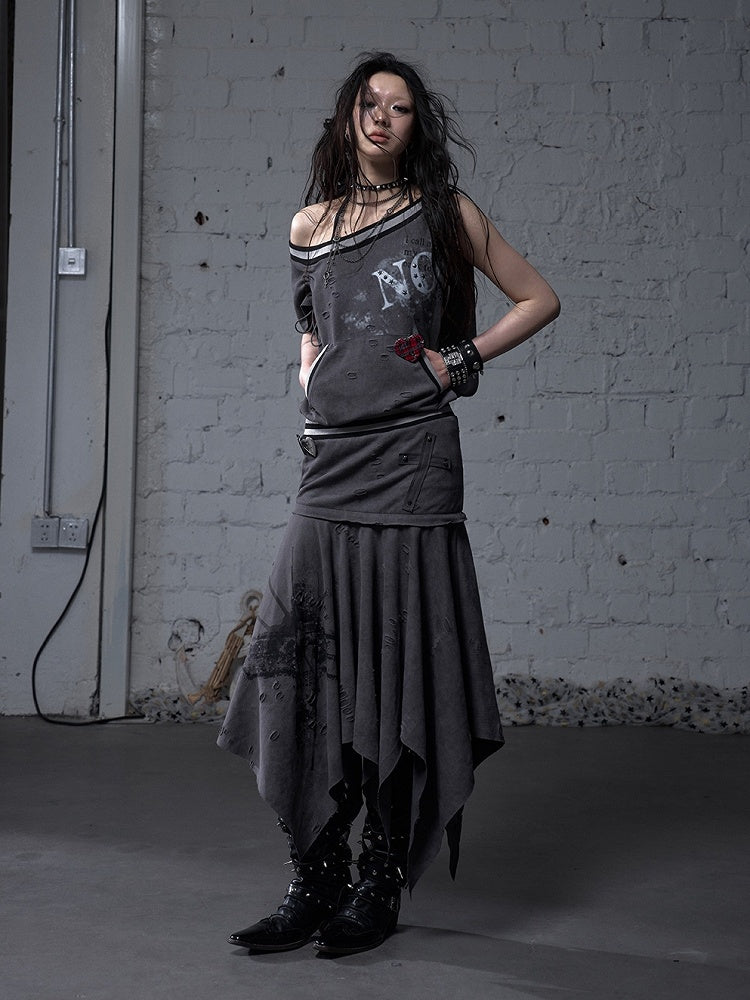 Asymmetrischer Ausschnitt Grau/Weiß Wasteland Punk Distressed Kleid