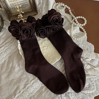 Brown Camellia Decorative Socks Calf