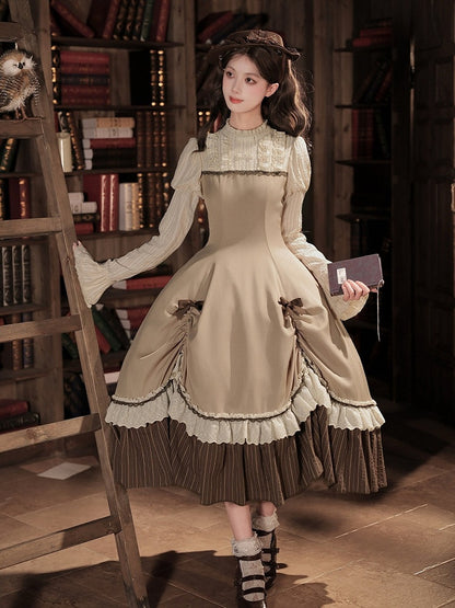 Brown Striped Faux Two-Piece Lolita Dress Outfit with Cape, Jabot & Mini Hat - With PUJI