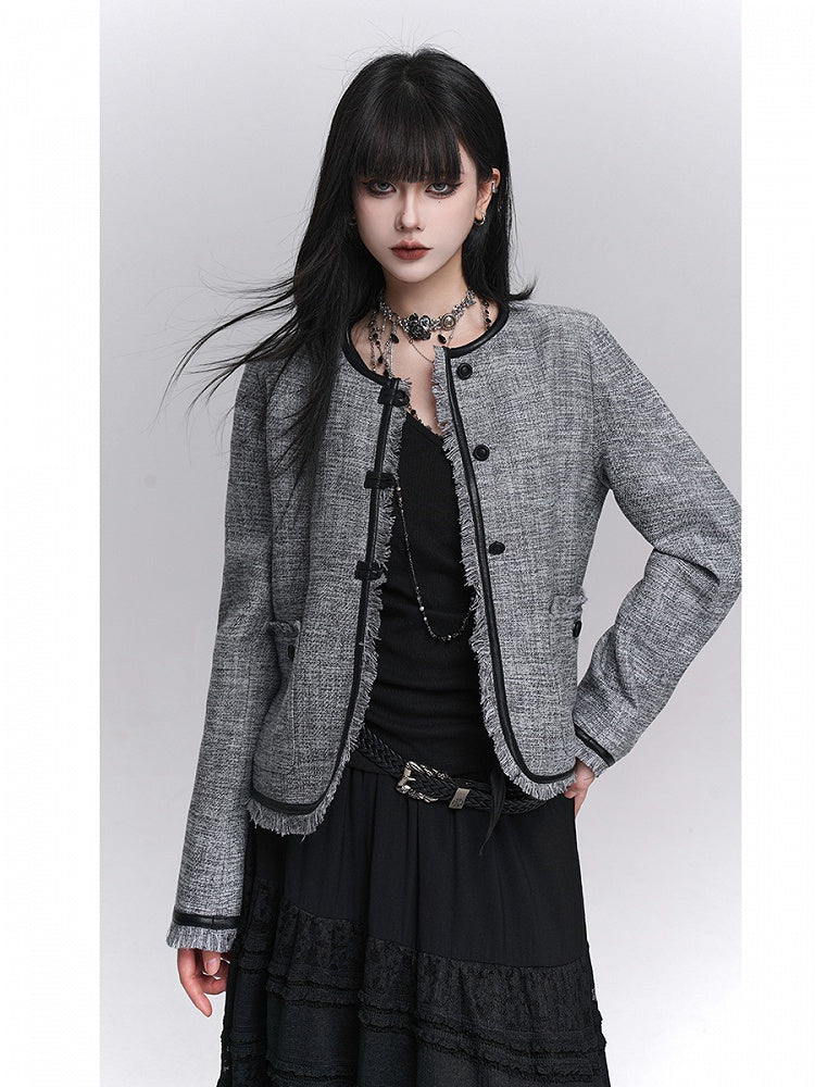 Structured Trim Gray Raw PU Fall Edges Black Crop Jacket with