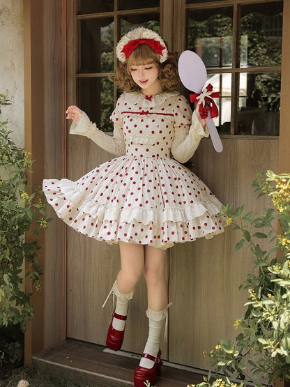Beige and Red Dotted Puff-Sleeve Lolita OP Set with Apron and Bonnet - With PUJI