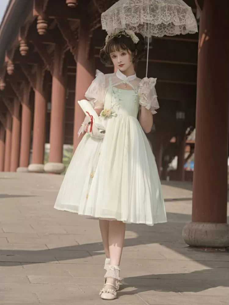 Banded Green Floral Embroidery Top Dress White Collar +