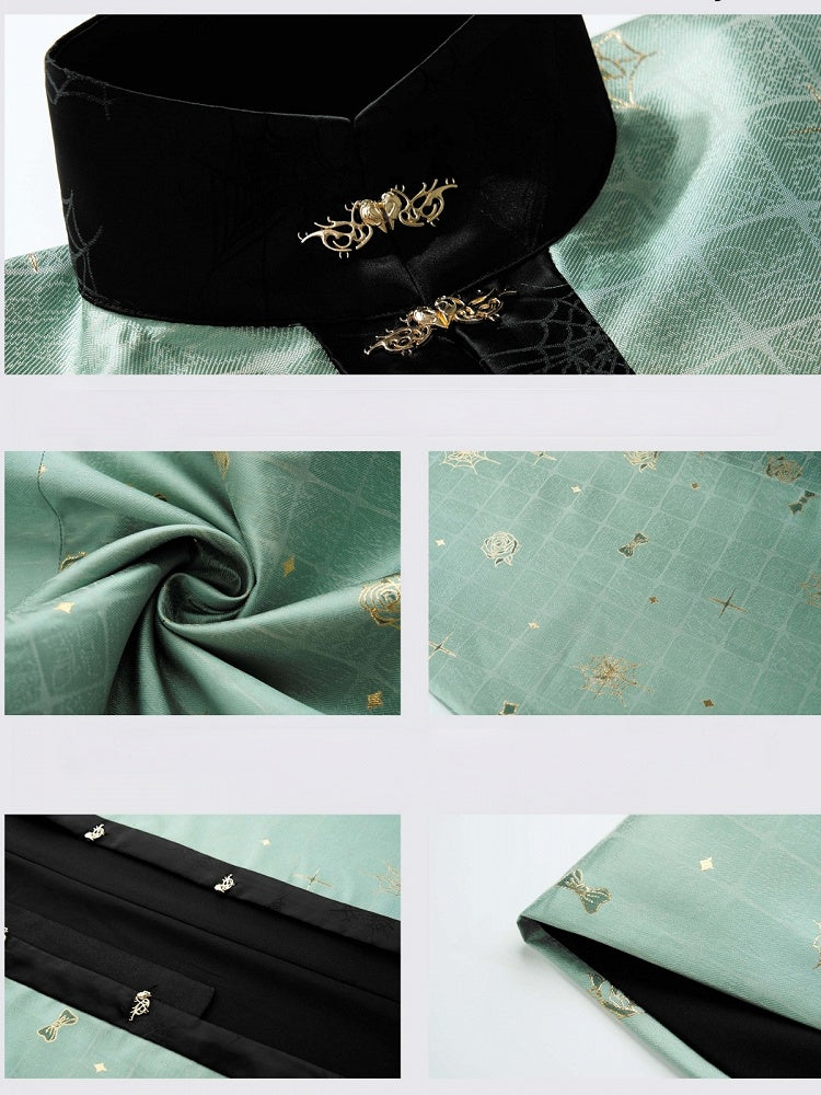 Green-Black Hanfu-Inspired Blouse with Floral Accents - San Sheng Du