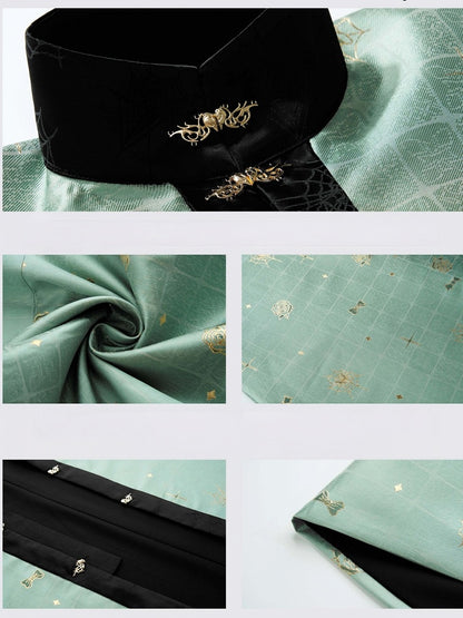 Green-Black Hanfu-Inspired Blouse with Floral Accents - San Sheng Du