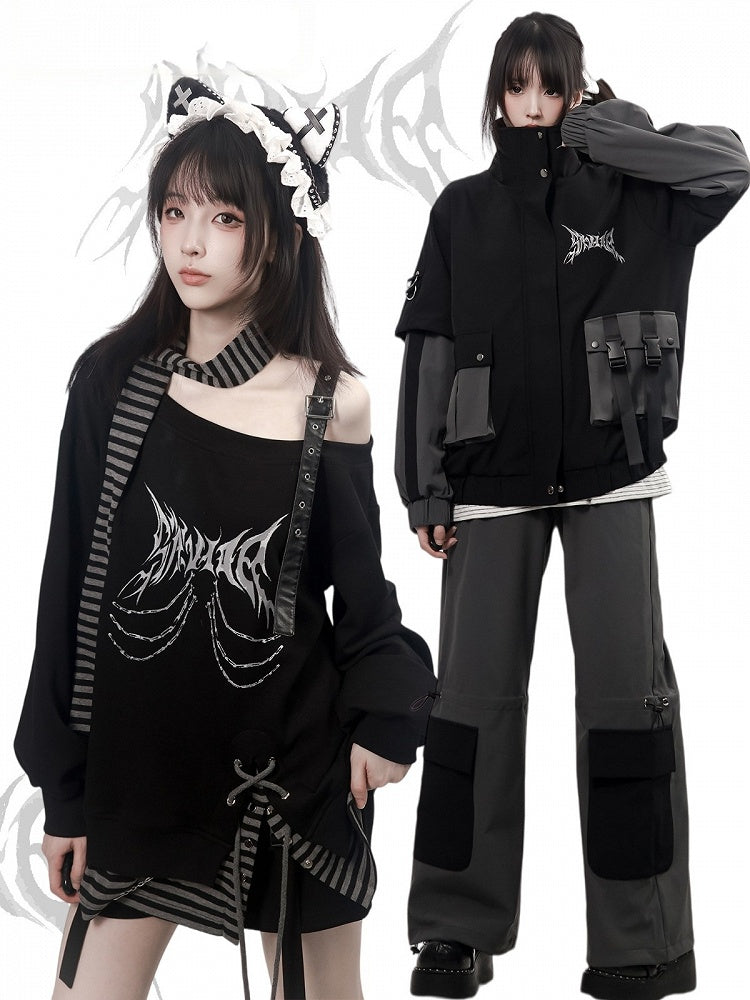Techwear Black & Gray Faux Two-Piece Stand Collar Jacket with Print & 3D Pockets - PINK SAVIOR