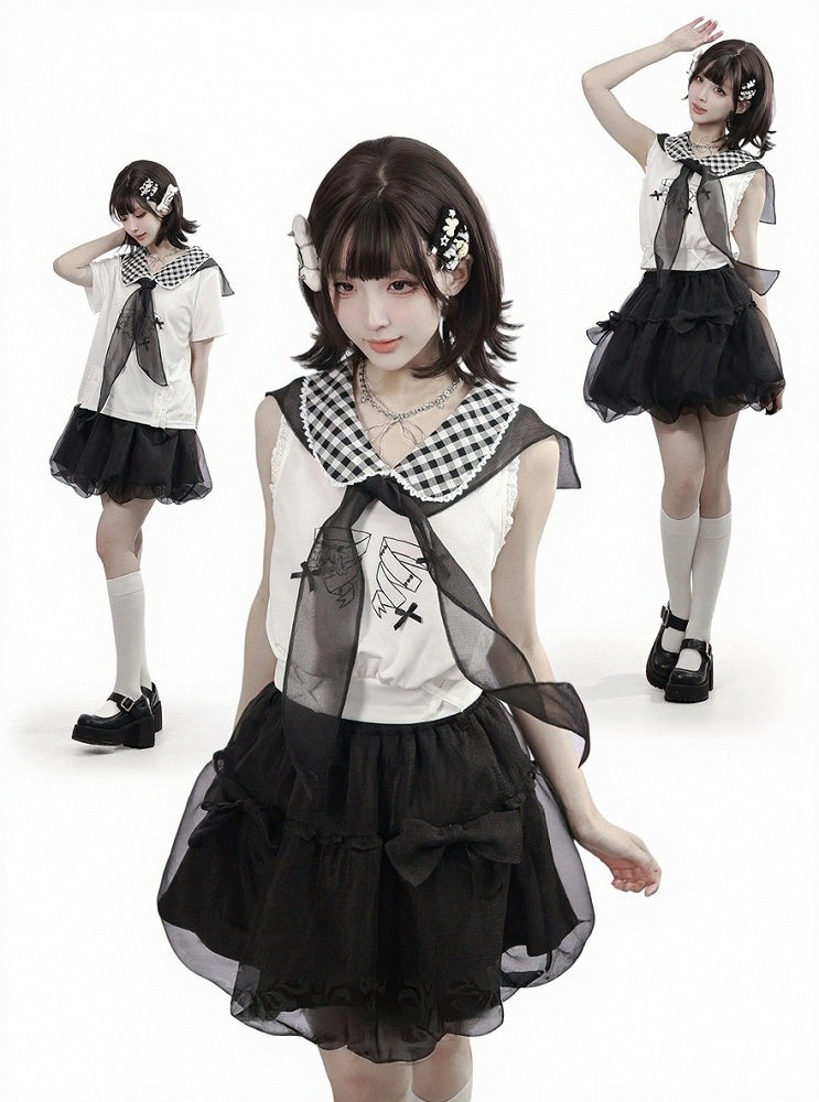 White Gingham Peter Pan Collar Tee with Cartoon Print - PINK SAVIOR