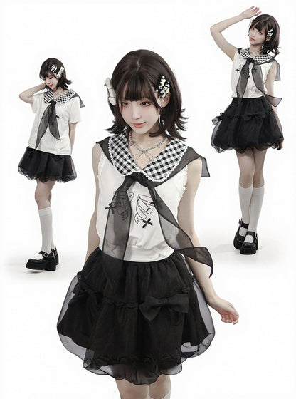 White Gingham Peter Pan Collar Tee with Cartoon Print - PINK SAVIOR