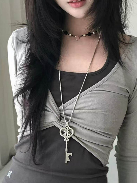 Silver Y2K Chain Necklace with Key Pendant - WhaleHall
