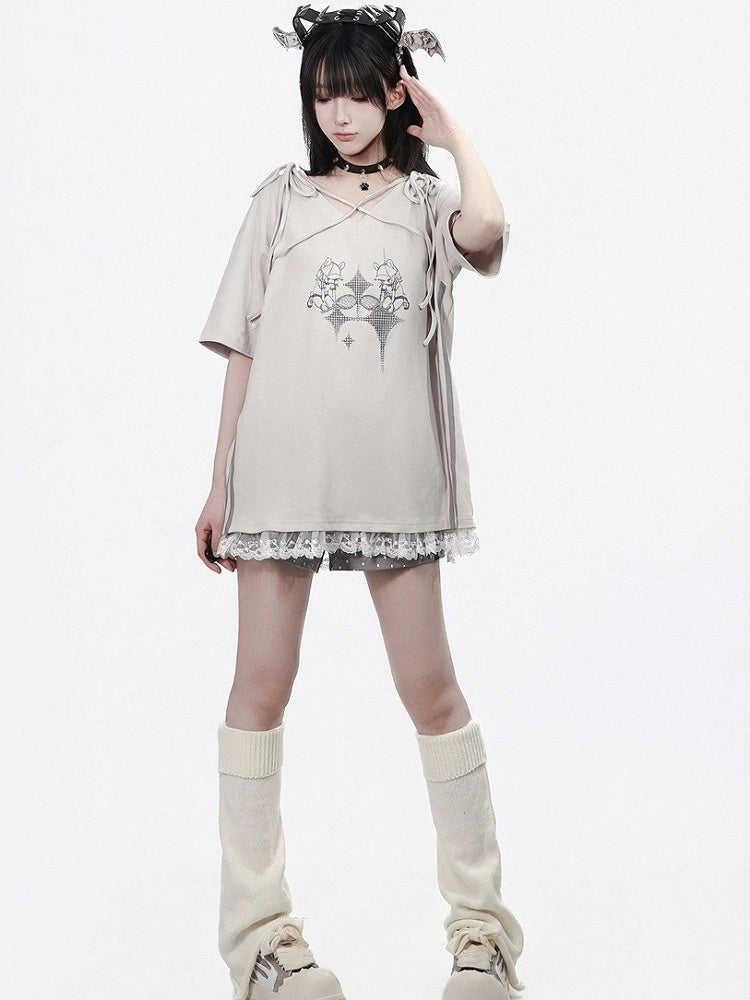 Summer Light Gray Cartoon Print V-Neck Top with Ties and Lace - PINK SAVIOR