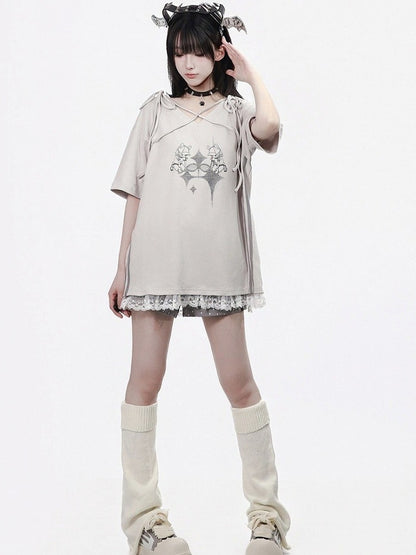 Summer Light Gray Cartoon Print V-Neck Top with Ties and Lace - PINK SAVIOR