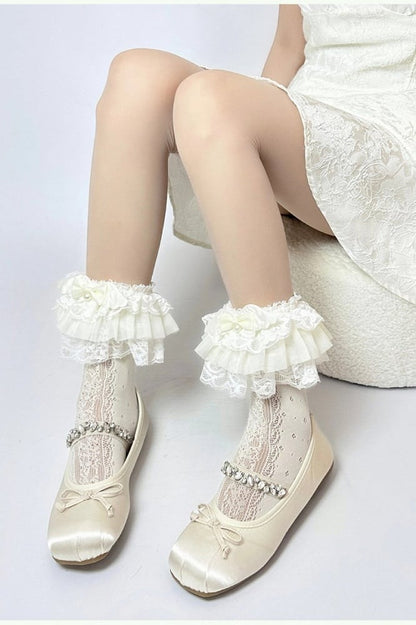 Layered Socks Pearl Lolita Style (Color: Bow White) Ruffled Lace