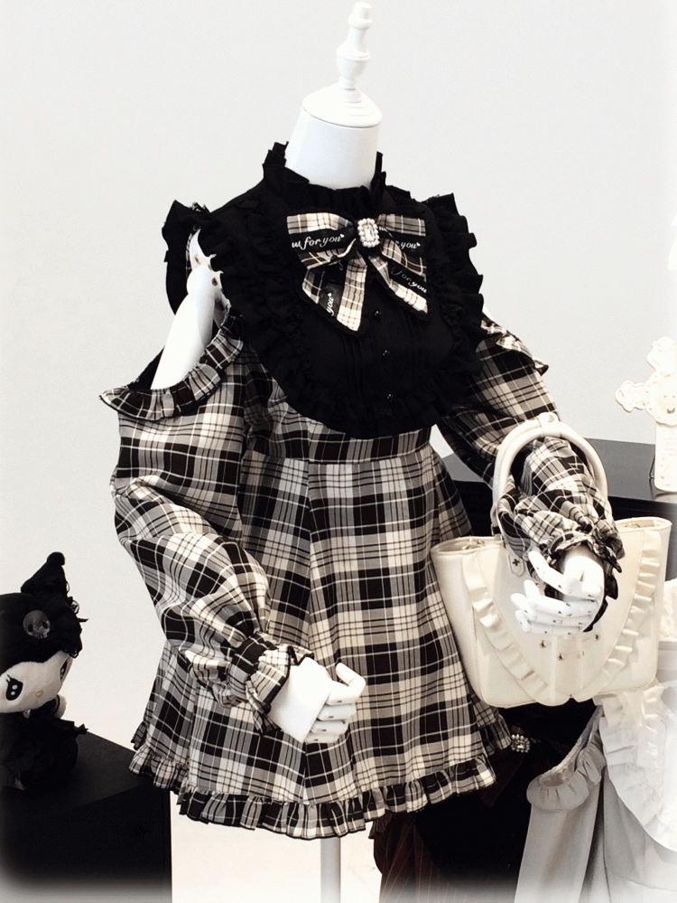 + 3-in-1 Set: Design Jirai Convertible Beige Kei Shorts Sleeve Black | Dress Plaid