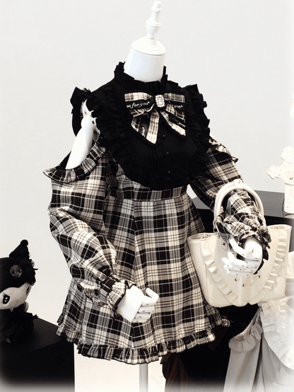 + 3-in-1 Set: Design Jirai Convertible Beige Kei Shorts Sleeve Black | Dress Plaid