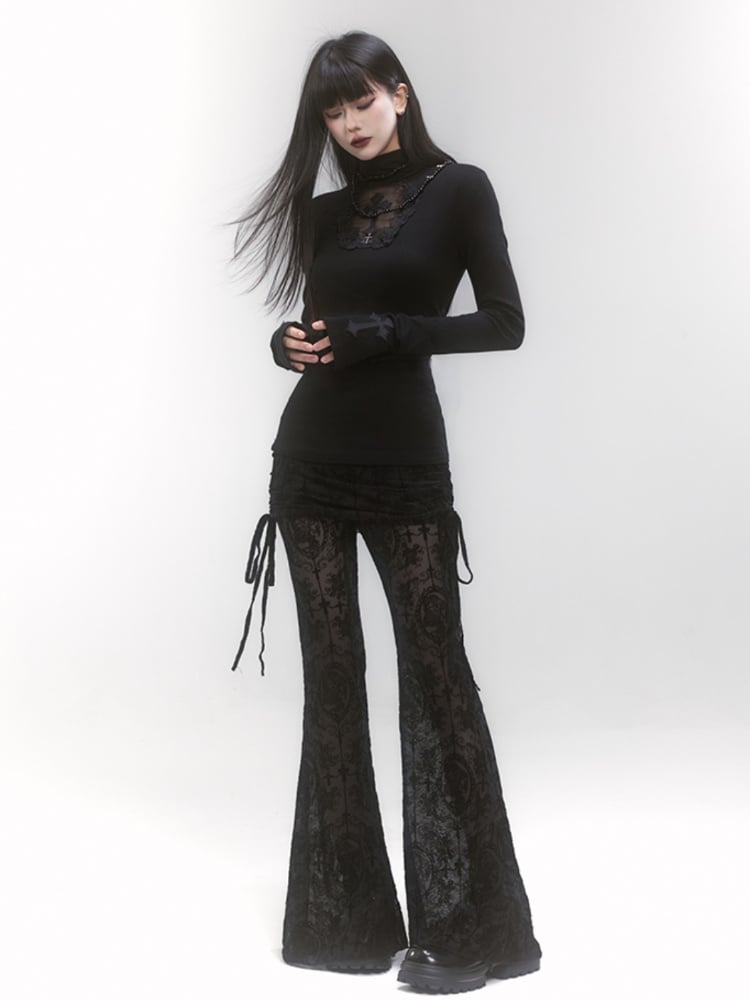 Gothic Black High Neck Cross Applique Cutout Detail Top