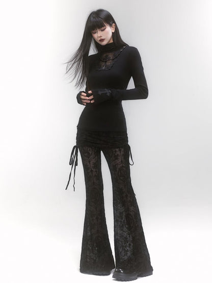 Gothic Black High Neck Cross Applique Cutout Detail Top