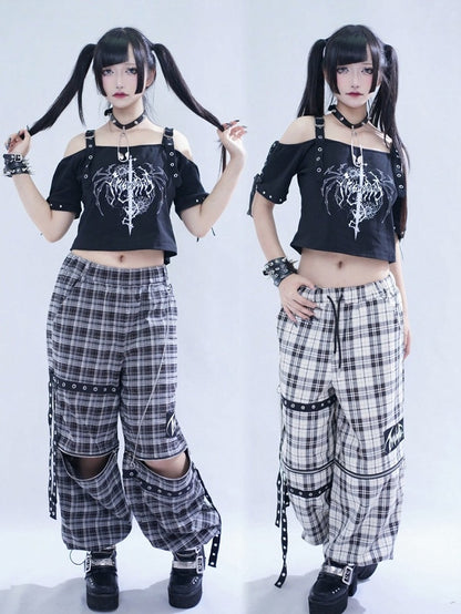 Off-White Plaid Pants with Detachable Legs & Chain Details - Tribuo Flos