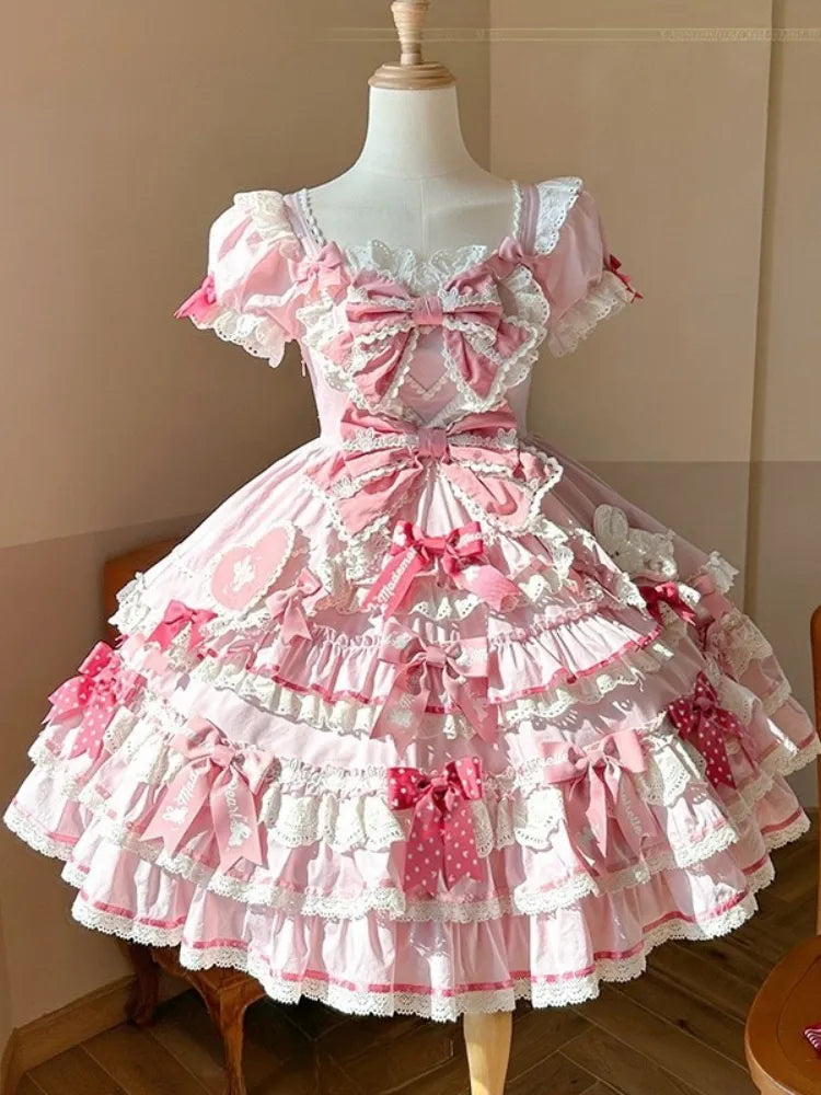 Rüschen Akzente Schleife Süßes Thema Hase Stück Ein Kleid Prinzessin Pink Lolita