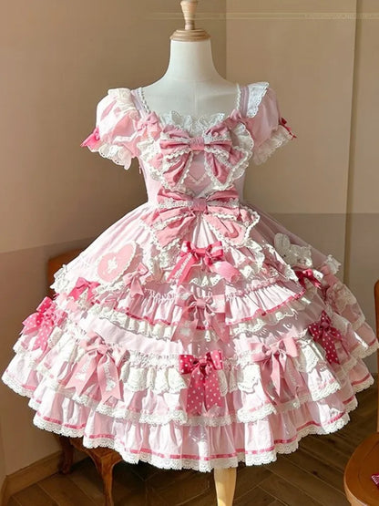 Rüschen Akzente Schleife Süßes Thema Hase Stück Ein Kleid Prinzessin Pink Lolita