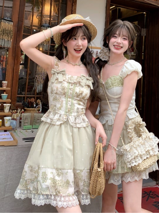 ライトヴィンテージプリントレーストリムティアードスカート グリーン 伸縮性ウエスト