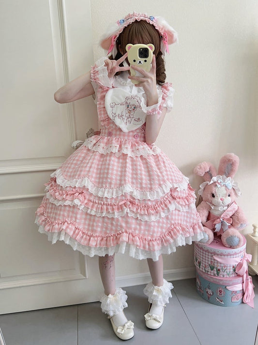 Only Dress Pink Back Multi-Layered Gingham + Bow Ruffle Sweet Lolita / Pattern JSK