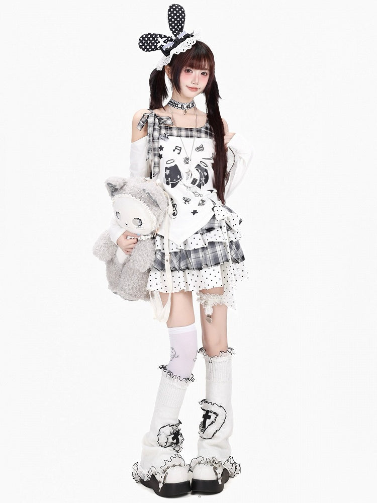 Ivory Asymmetric Tartan Cutout Top with Celestial Kitten Print - CRAZY GIRL