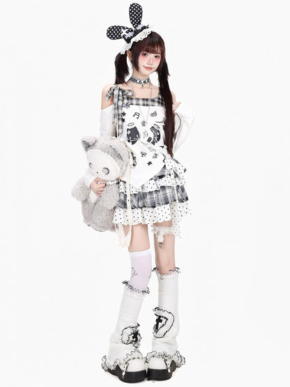 Ivory Asymmetric Tartan Cutout Top with Celestial Kitten Print - CRAZY GIRL