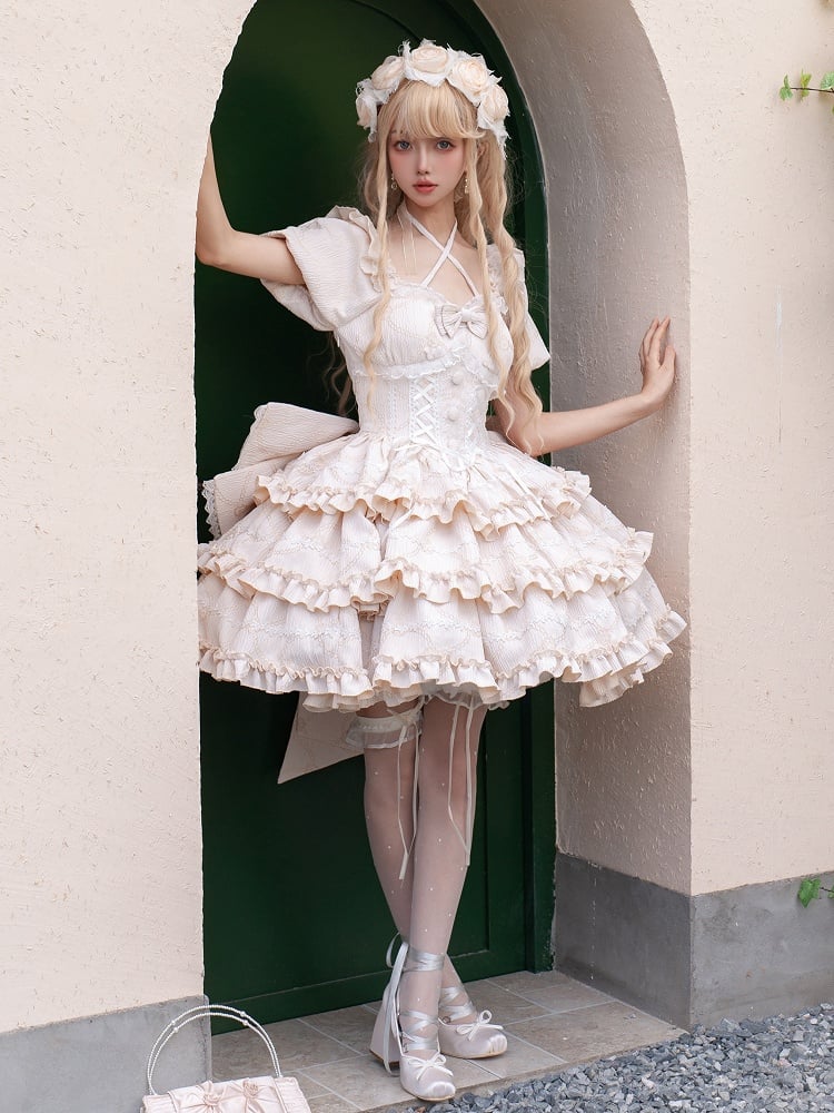 Rücken mit Korsett OP Große Rüsche am Kleid Champagner Rock Schleife Taille Lolita Prinzessin