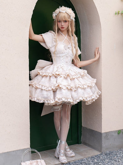 Rücken mit Korsett OP Große Rüsche am Kleid Champagner Rock Schleife Taille Lolita Prinzessin
