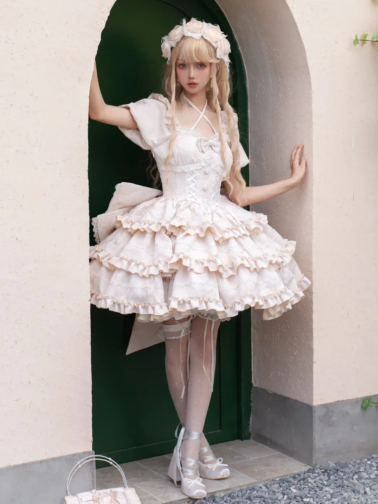 Zurück Champagner mit OP-Kleid Rüschen Große Schleife Prinzessin an Korsett Taille Lolita Rock