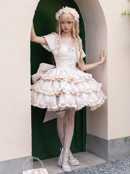 Zurück Champagner mit OP-Kleid Rüschen Große Schleife Prinzessin an Korsett Taille Lolita Rock