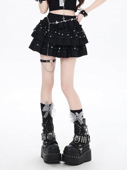 Tiered Skirt Black Sweetheart Sequins Puffy