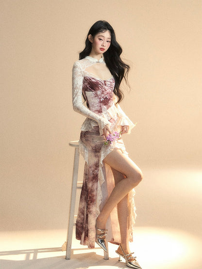 Seitlichem Ziegelrot Schlitz Vintage Saum Kleid Ärmel Cutout Detail Spitze Patches Rüschen