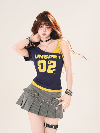 ブルー/ブラック コアTシャツ ネイビー アシンメトリーネックライン ナンバープリント ブロケット