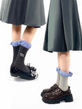 Socks Striped Colors Pattern Ruffles Embroidery Blue 3 Cotton Letter with Vertical Plaid