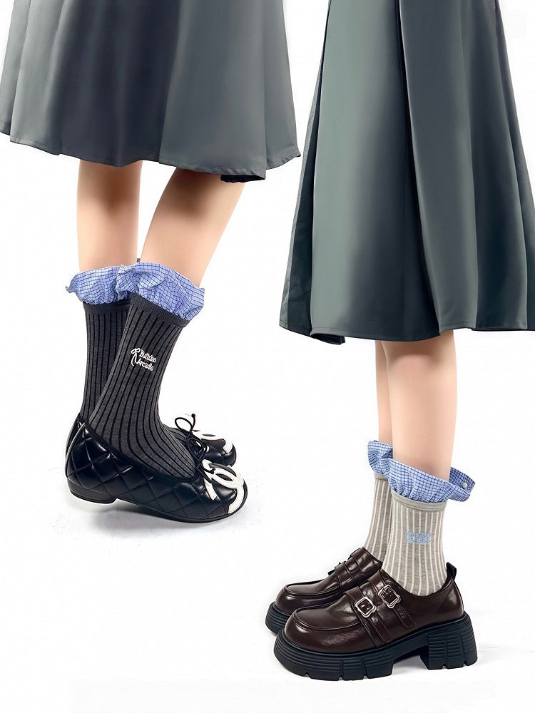 Socks Striped Colors Pattern Ruffles Embroidery Blue 3 Cotton Letter with Vertical Plaid