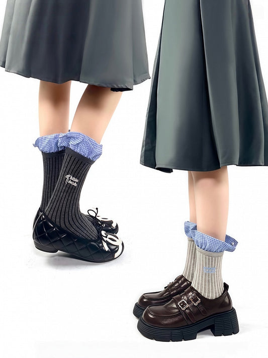 Socks Striped Colors Pattern Ruffles Embroidery Blue 3 Cotton Letter with Vertical Plaid