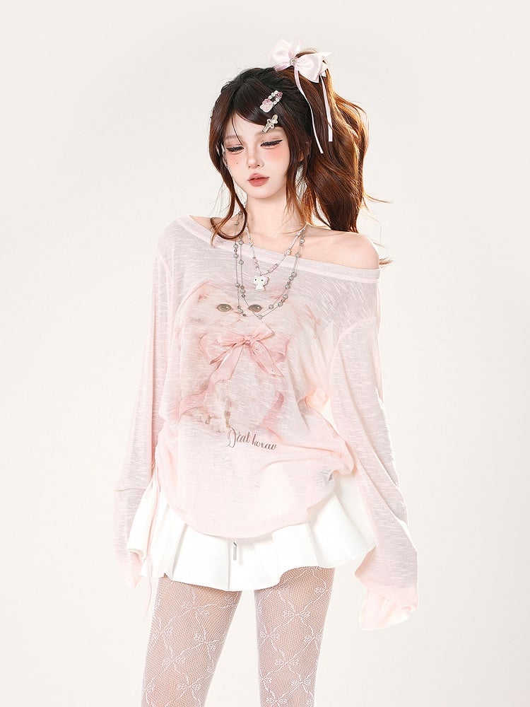 Coverup Adorable Kitten Print Asymmetrical Neckline Pink Semi-sheer