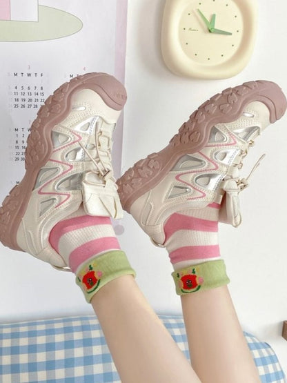 Kitty/Puppy/Bear Pattern Print Colorful Calf Socks Striped 9 Options