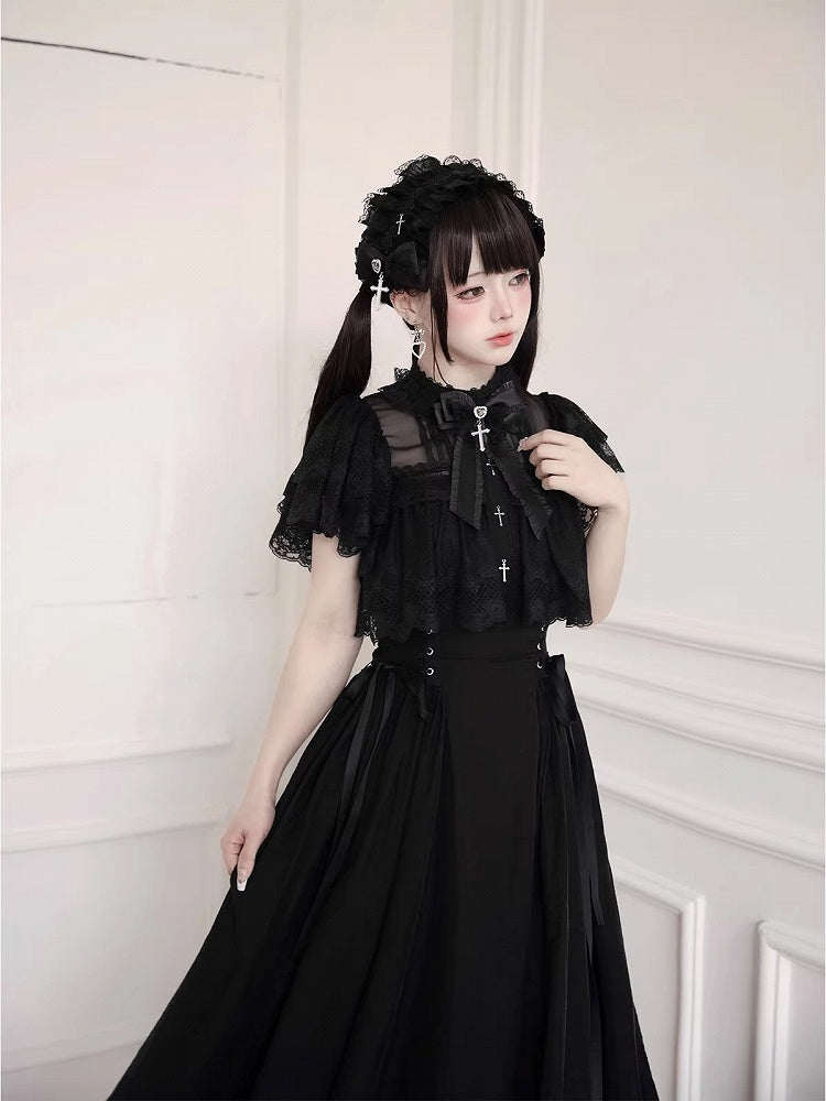 Black/White Lace Cutout Shoulder Jirai Kei Cross Dress - Tan Tuan