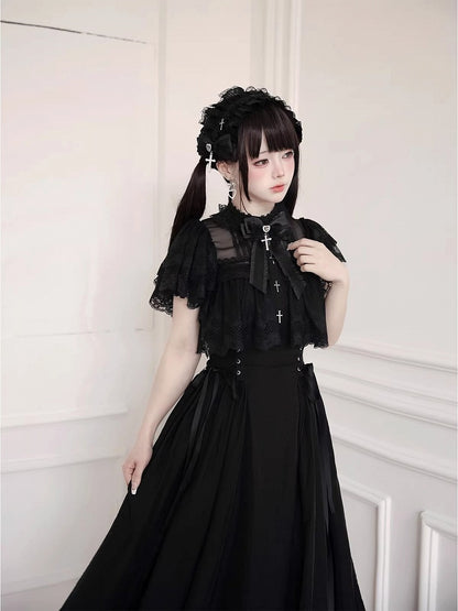 Black/White Lace Cutout Shoulder Jirai Kei Cross Dress - Tan Tuan