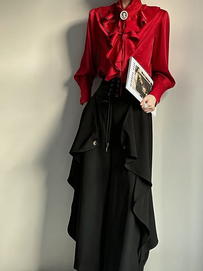 Red Blouse Jabot High-Collar Gothic with Prince Ruffled