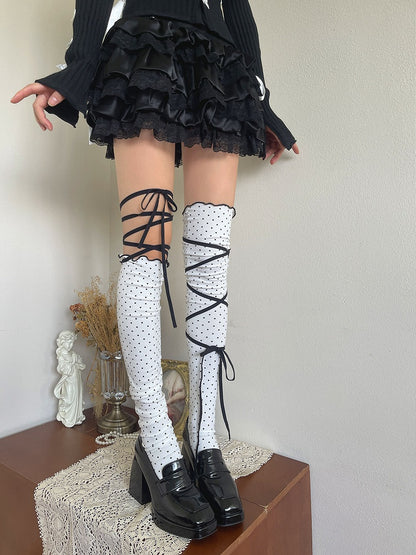 Pattern Stockings White Dot Ruffled Strap Design Asymmetric Polka