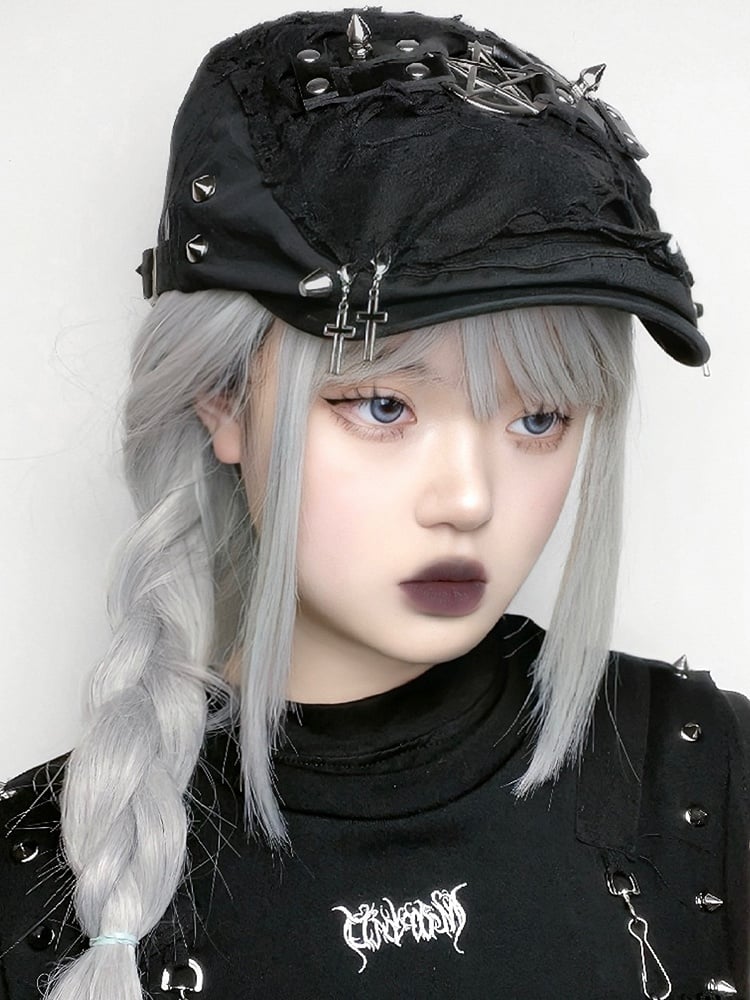 with Punk Hem Distressed Decorations Beret Raw Cross Black