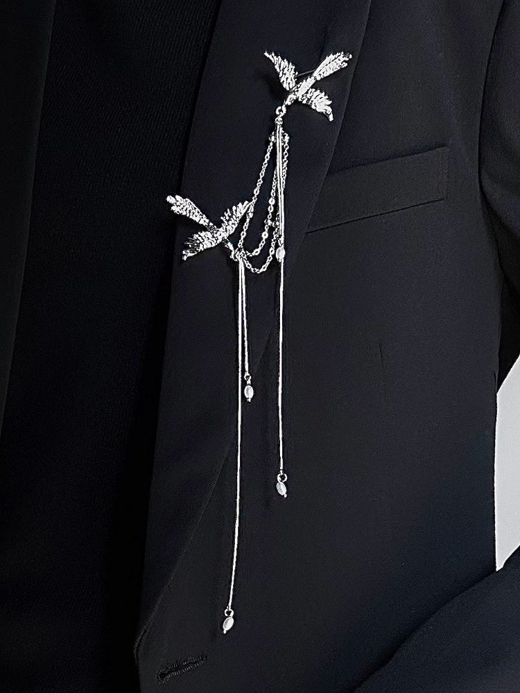 Cheongsam Style Silver Bird Brooch with Chains & Bottom Bead Embellishments