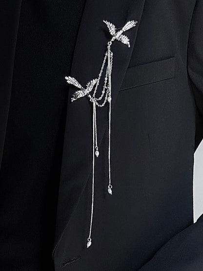 Cheongsam Style Silver Bird Brooch with Chains & Bottom Bead Embellishments