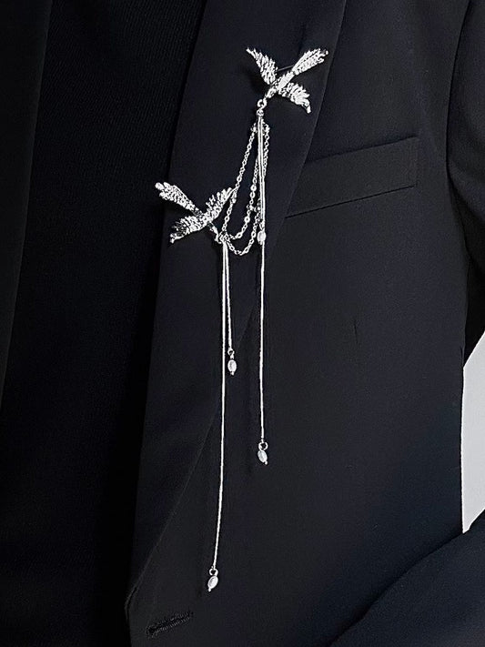 Cheongsam Style Silver Bird Brooch with Chains & Bottom Bead Embellishments