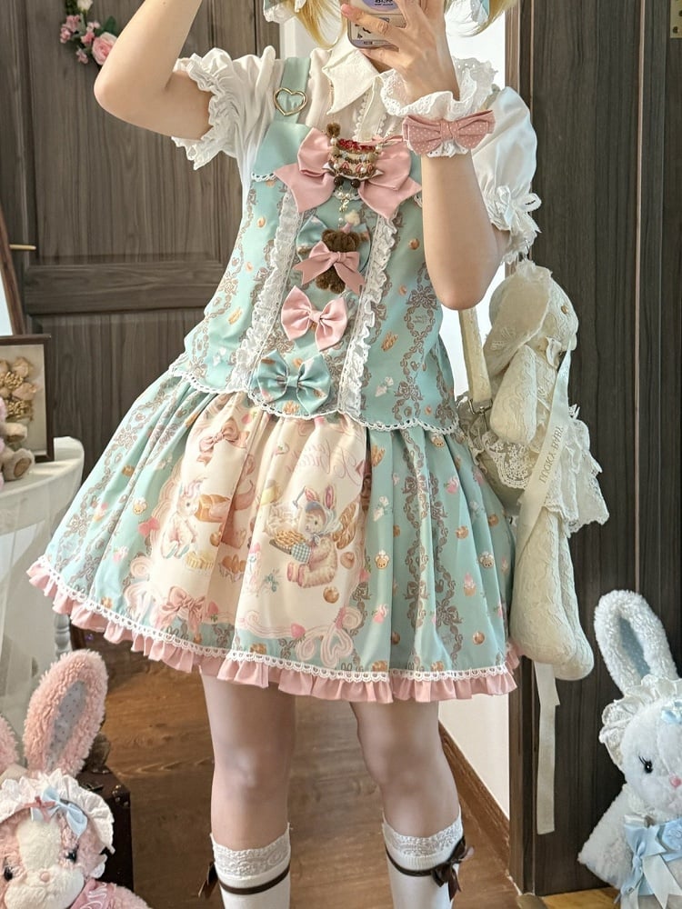 Mint Strawberry & Cake Print Adjustable-Strap Jumper Dress - Honey Village