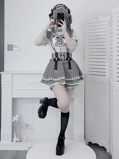 Black White Jirai Kei Square Neck Cotton Blouse with Bow Lace Details - Broken Bear