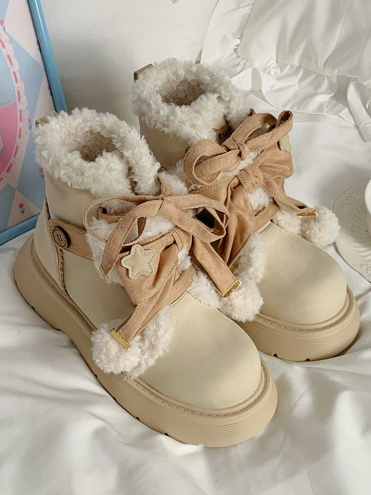 - Apricot Pompom 5.5cm Platform Fastening Lolita Bow Sweet Beige with Lining Ankle Boots Dual Plush